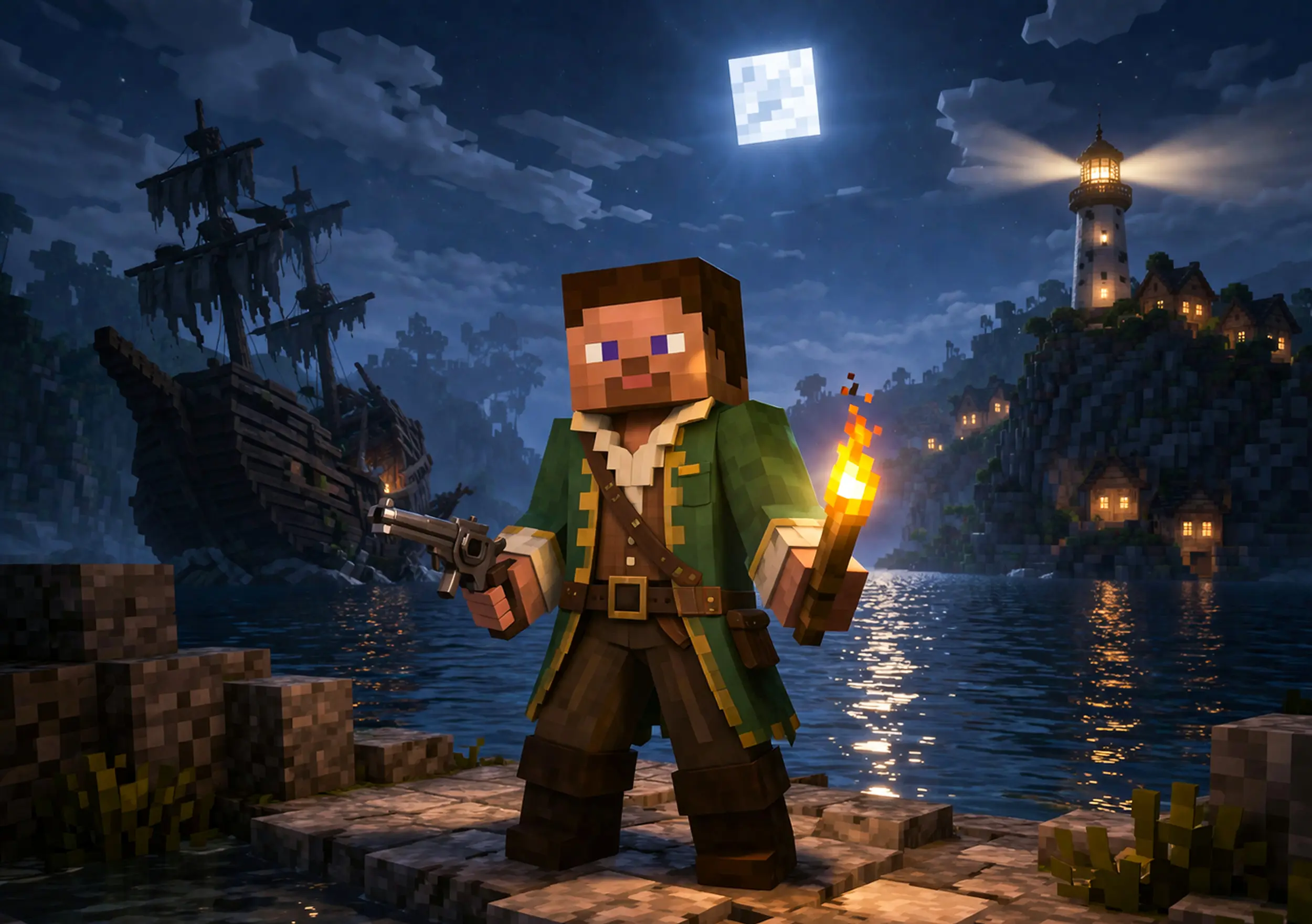 Персонаж Minecraft с пистолетом и факелом на ночном берегу, за ним пиратский корабль и маяк